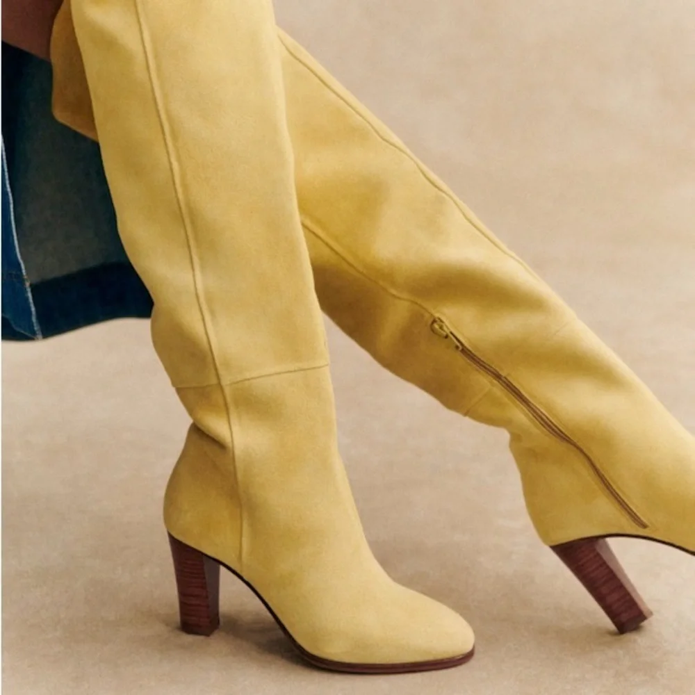 Sezane Anaelle Thigh High Suede Leather Over The Knee Pointy Boots Lemon Yellow